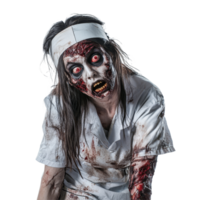 Zombie nurse with eerie appearance and unsettling expression on isolated transparent background, Zombie nurse isolated on transparent background png