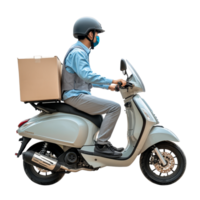 A delivery man riding a scooter with a package against a simple transparent background, a delivery man on his scooter on transparent background png