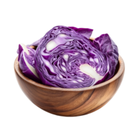 Freshly sliced purple cabbage in a wooden bowl on a clean transparent surface ready for culinary use, slice purple cabbage in wood bowl isolated on transparent background png