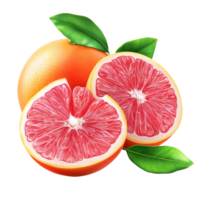 Fresh grapefruit with vibrant pink flesh and green leaves on a clean transparent background, dark grape fruits with leaves isolated on transparent background png