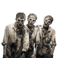 Terrifying group of zombies emerge with grotesque features against a stark transparent background, Scary zombies on transparent background png