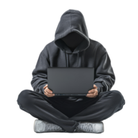 Hooded individual working on laptop in a minimalistic setting focused on technology and cybersecurity, Hooded Hacker with Laptop on transparent background png