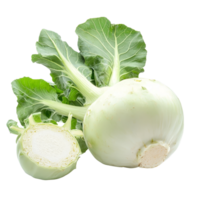 Fresh kohlrabi with green leaves on a clean transparent background, showcasing its vivid color and unique shape, Fresh kohlrabi vegetable on a transparent background png