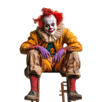 Scary clown in a tattered costume sits menacingly on a chair against a stark transparent background, Scary clown sitting on a chair isolated on transparent background png