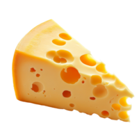 A wedge of yellow cheese with holes isolated on a clean transparent background perfect for culinary uses, piece of cheese isolated on transparent background png