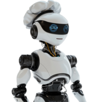 A futuristic robot chef wearing a hat stands against a plain transparent background while preparing to serve food, Robot Waiter or Chef Cook On transparent background png