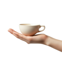 A hand demonstrates a gentle gesture while holding an empty coffee cup against a plain background, Hand palm stretching out, cup shape, showing gesture, isolated on transparent background, transparent png