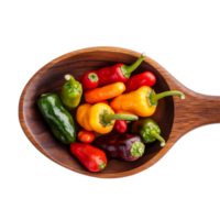 A vibrant selection of mixed peppers arranged in a wooden spoon on a transparent background, Mixed of peppers in wood spoon isolated on transparent background png