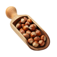 Hazelnuts in a wooden scoop on a clean transparent background, showcasing their natural texture and shape, hazelnuts in wood scoop on transparent background png
