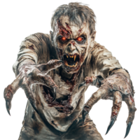 A terrifying zombie with elongated claws and glowing eyes reaches out against a stark transparent background, Scary Zombie with Claws on transparent background png