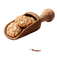 Delicious oatmeal cookies and wheat germ in a wooden scoop on a transparent background, Oatmeal cookies and wheat germ in wood scoop on transparent background png