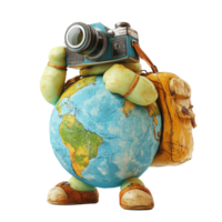 A cheerful globetrotting character with a camera captures travel memories while exploring the world, Globetrotting Earth Character with Camera Travel Concept on transparent background png