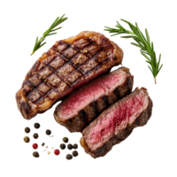 Grilled and sliced beef steak served on a transparent background with herbs and spices for a fresh culinary view, grilled and sliced beef steak isolated transparent background png