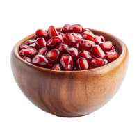 Fresh pomegranate seeds in a wooden bowl isolated on a transparent background for healthy eating, Pomegranate seeds in wood bowl isolated on transparent background png