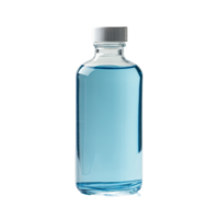 Clear shampoo bottle featuring blue liquid, positioned on a clean transparent background for a minimalist aesthetic, shampoo bottle on transparent background png