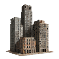 Ruined skyscraper buildings stand isolated against a transparent background showcasing urban decay and abandonment, Ruined Skyscraper Buildings Isolated on transparent background png