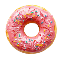 A colorful sprinkle donut resting on a clean transparent background showcasing its delightful pink icing and fluffy texture, Donut isolated on transparent background png