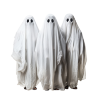 Three people in ghost costumes celebrating Halloween against a transparent background, isolated for a spooky effect, People disguised in a ghost for halloween isolated on transparent background png