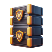 Cartoon data servers with protective shields and vibrant transparent accents for enhanced security, 3D Cartoon Secure Data Servers with Shields on transparent background png