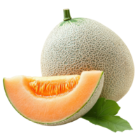Fresh cantaloupe melon half with leaf isolated on transparent background showcasing vibrant orange flesh, cantaloupe melon with leaf isolated on transparent background png