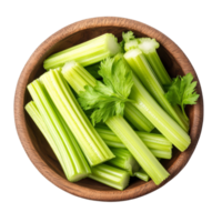 Freshly cut celery stalks and leaves in a wooden bowl on transparent background, Top view of celery in wood bowl isolated on transparent background png
