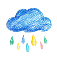 Handdrawn crayon cloud with colorful raindrops on a transparent background captures a playful weather illustration, Icon cloud with raindrops hand draw crayon isolated on transparent background png