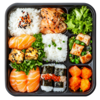 Savory bento box with sushi, salmon, rice, and fresh veggies on a transparent backdrop, boiled egg isolated on ransparent transparent background png