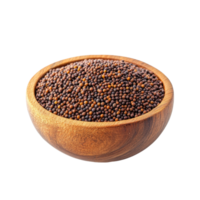 Mustard seeds in a wooden bowl isolated on a transparent background for culinary and health uses, mustard seeds in wood bowl isolated on transparent background png