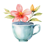 A delicate watercolor cup featuring a pink flower and green leaves on a clean transparent background, cup with flower isolated on transparent background png