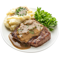 Savory panfried steak with rich gravy and creamy mashed potatoes on a transparent plate, slice of panfried steak, served with gravy and mashed potatoes isolated on transparent background png