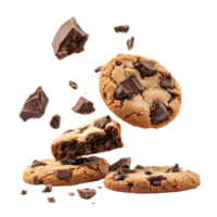 Falling broken chocolate cookies with chunks on a transparent background showcasing delicious homemade treats, Falling broken chocolate cookies on transparent background png