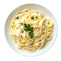 Delicious bowl of fettuccini alfredo garnished with parsley viewed from above, a bowl of fettucini alfredo with garnish, top view, isolated transparent background png