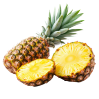 Fresh pineapple with sliced pieces on transparent background showcasing vibrant fruit freshness and tropical appeal, pineapple with slices isolated on transparent background png