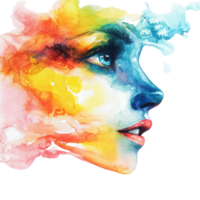 A vibrant watercolor portrait capturing the essence of femininity with colorful abstract features and expressions, red painted liquid water color circle isolated on transparent background png