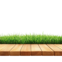 Elegant wooden top table set against a lush green grass background in a serene outdoor setting, wooden top table with grass background, isolated transparent background png