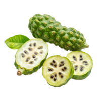 Fresh Noni fruits with sliced sections revealing seeds on a transparent background, Noni or Morinda Citrifolia fruits with sliced on transparent background png
