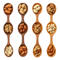 Delicious assortment of nuts arranged in wooden spoons over a clean transparent background, Various of nuts on wooden spoon over transparent background png