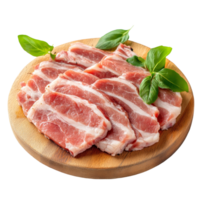 Fresh slices of pork arranged on a wooden board with basil leaves on a clean transparent background, Meat, pork, slices pork on transparent background png
