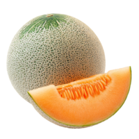 Fresh cantaloupe melon cut into a slice on a transparent background with lighting, cantaloupe melon on transparent background png