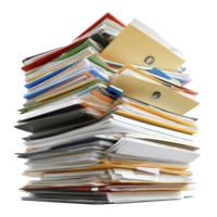 A cluttered pile of diverse folders and paperwork on a transparent background showcasing disorganization and workload, Pile of folders and paperwork png