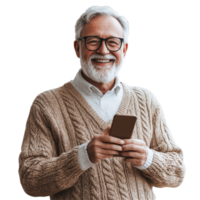 alegre Senior homem sorrisos enquanto segurando uma Smartphone contra uma transparente fundo, sorridente Senior homem com telefone em transparente fundo png