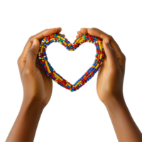 African hands create a heart shape using a colorful beaded bracelet made of various beads, African Hands with Beaded Bracelet Forming Heart Shape on transparent background png