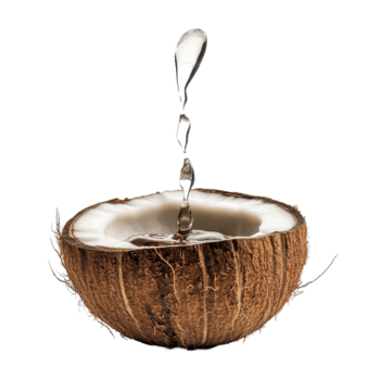 Noce di cocco conchiglia con un' far cadere di acqua spruzzi a partire dal suo interno superficie su un' pulito trasparente sfondo, Noce di cocco con acqua far cadere isolato su trasparente sfondo png