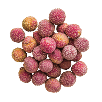 Top view of fresh lychee fruit clusters on a clean transparent background, showcasing their vibrant texture and colors, Top view of lychee isolated on transparent background png