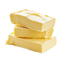 Layers of creamy butter stacked on a transparent background showcasing its smooth texture and golden hue, butter on transparent background png