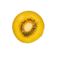 Freshly sliced yellow gold kiwi fruit rests on a clean transparent background showcasing its vibrant interior and texture, yellow gold kiwi fruit on transparent background png