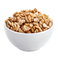 Fresh walnuts in a transparent bowl showcasing their rich texture against a clean transparent background, Walnuts in transparent bowl isolated on transparent background png