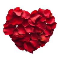 Red rose petals arranged in a heart shape on a transparent surface for romantic occasions, red rose petals in the shape of a heart, isolated on transparent background png