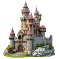 A majestic medieval fairy tale castle nestled among rocks with stunning architecture and enchanting towers, Fairy Tale Castles, Fantasy Medieval Architecture Isolated on transparent background png