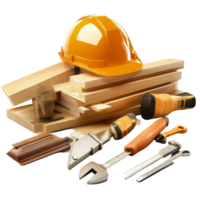 Carpentry tools arranged with a safety helmet and wood pieces on a bright surface in a workshop setting, Carpentry tools with safety helmet png